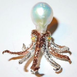 Amazing Large Baroque Creamy White Pearl Fire Opal Sterling Silver Squid Brooch